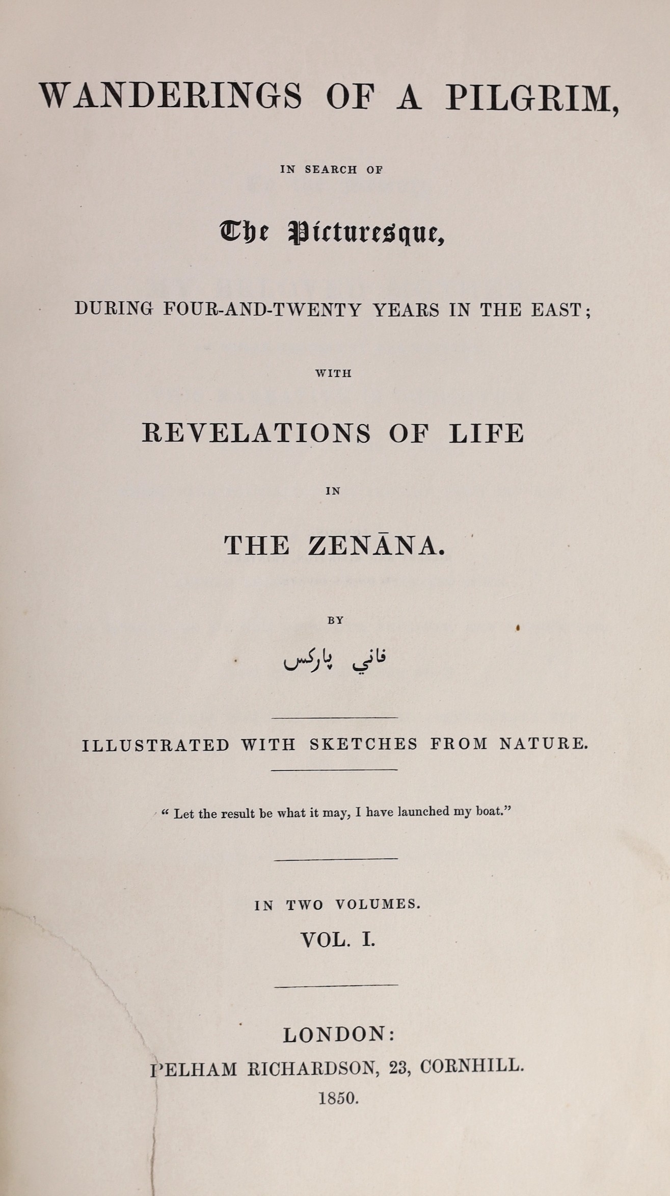 Parks, Fanny - Wanderings of a Pilgrim, in Search of the Picturesque, during Four-and-Twenty Years in the East; with Revelations of Life in the Zenana, 1st edition, 2 vols, 8vo, original pictorial red cloth gilt, with 50